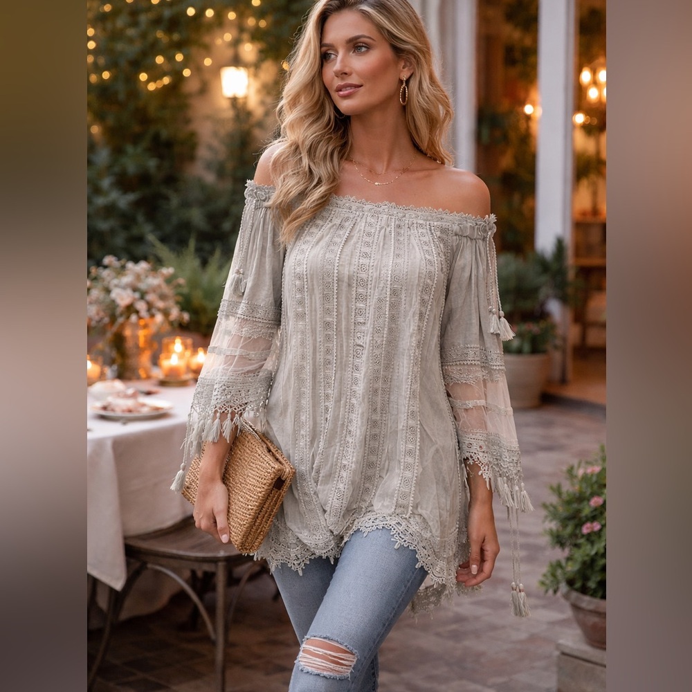 Anthro’s POL,Romantic Boho Off-Shoulder Lace Tassel Sleeve Top Rayon Size Large - Picture 9 of 12